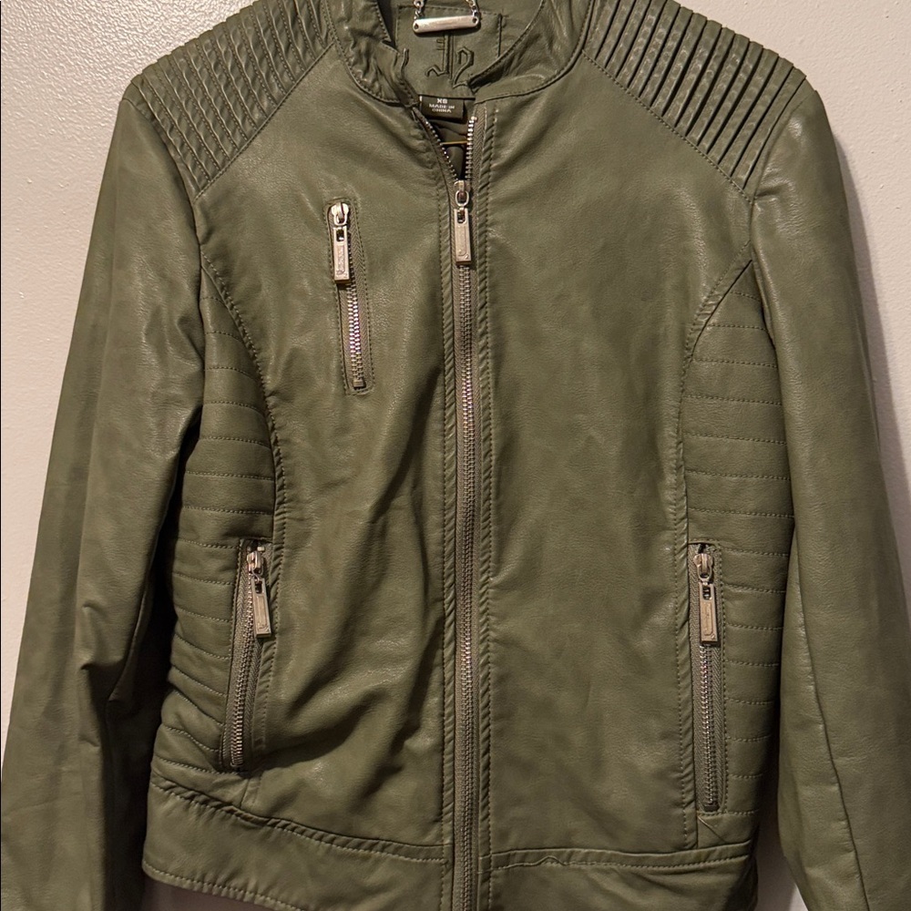 J2 Faux Leather Moto Jacket Womens XS Green Zipper Pockets Retro Biker Vegan NEW - Picture 3 of 7